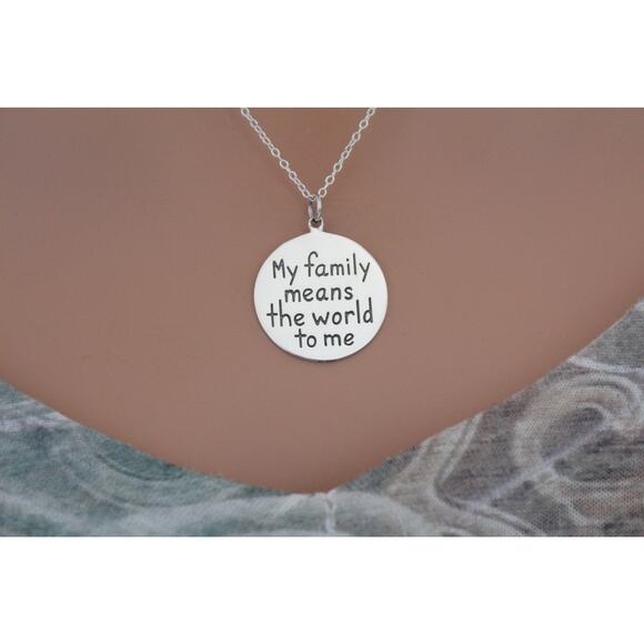 Sterling Silver Message Pendant -My Family Means the World to Me Necklace - Picture 1 of 4